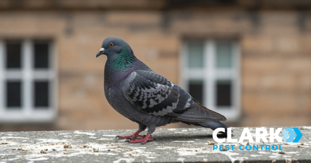 Feral Pigeon on a bird mess covered ledge