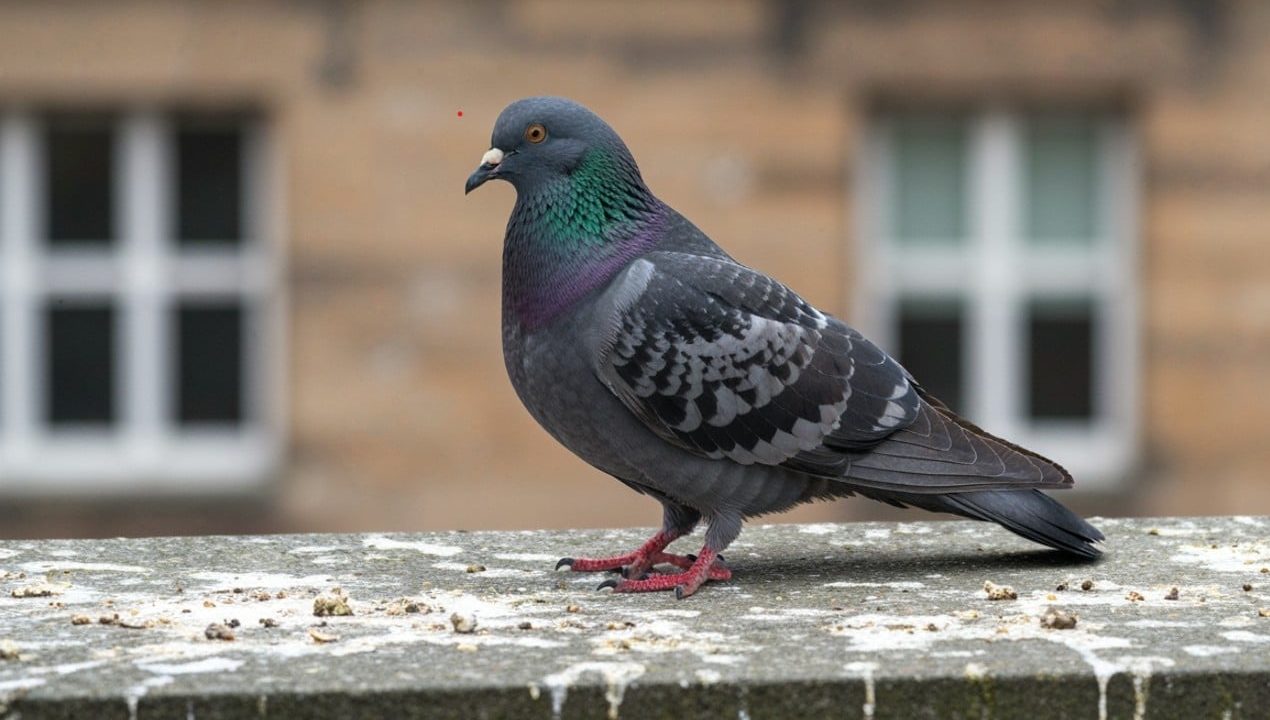 Feral Pigeon on a bird mess covered ledge