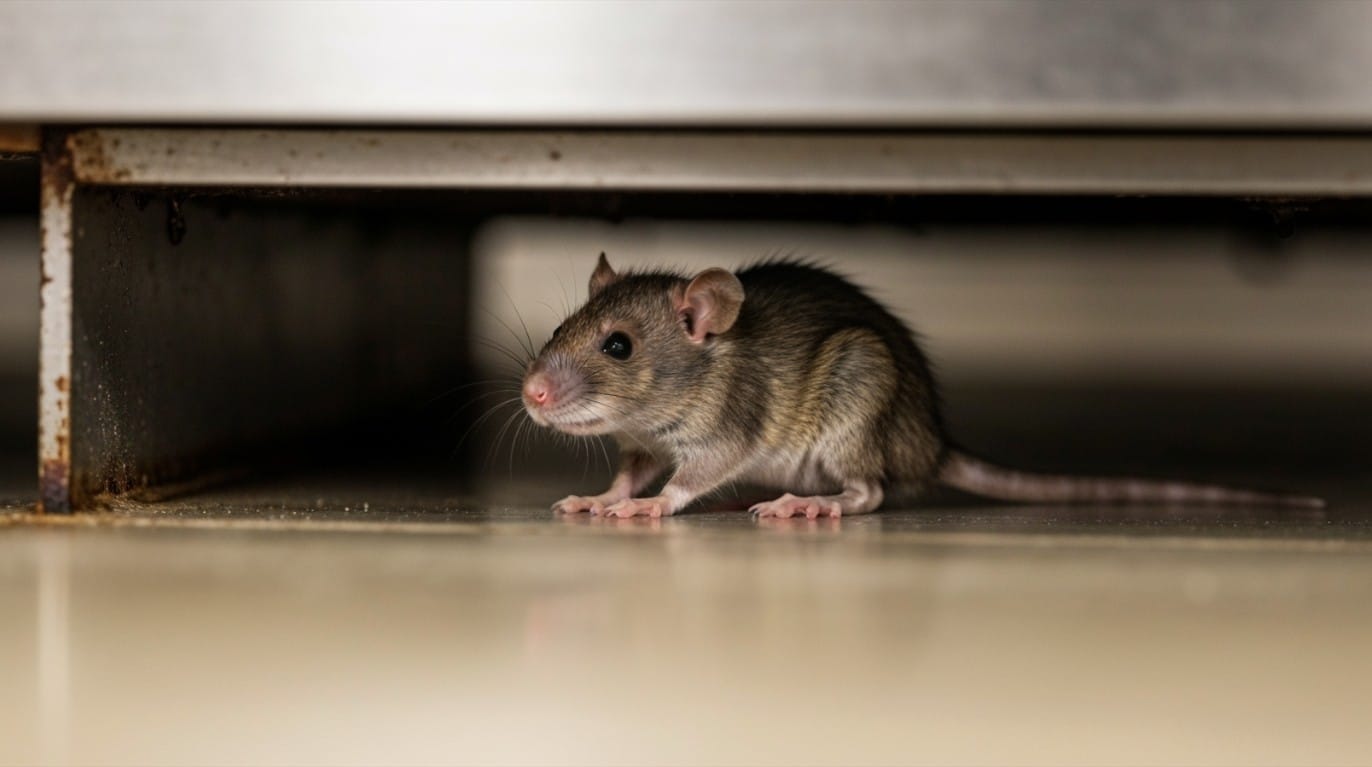 Rodent hiding under counter
